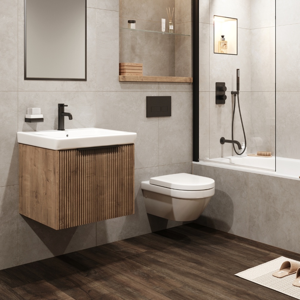 Product Lifestyle image of the Abacus Concept Linear Halifax Oak 600mm Basin & Vanity Unit